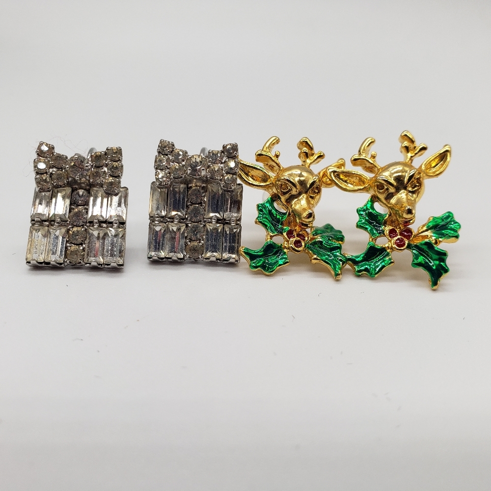 Christmas Earrings; Reindeer and Crystal Pin
